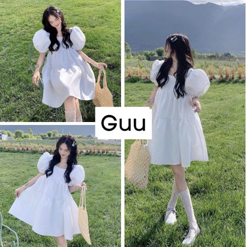 Váy trắng cổ vuông dáng xòe babydoll Đầm tay bồng 2 tầng vải đũi lụa mềm mát GUU