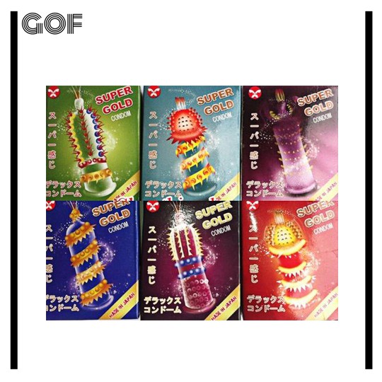 Combo 5 Hộp Bao cao su SUPER GOLD Gân-Gai-Râu- Bi lớn-Kéo dài thời gian Hộp 2 cái (Nhật Bản)