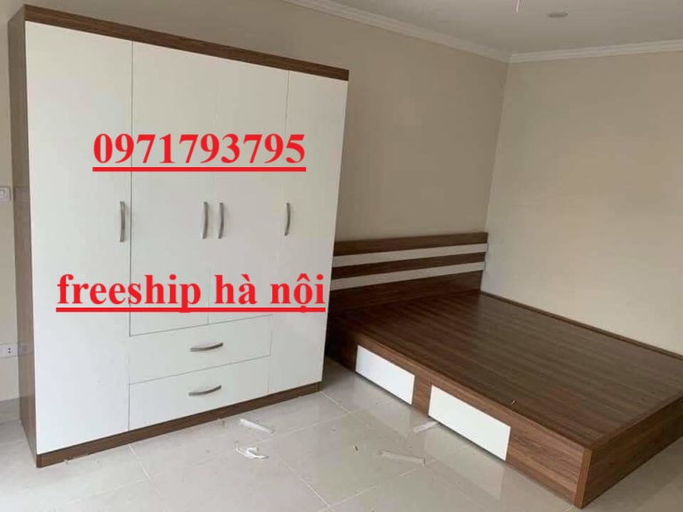 Tủ quần áo gỗ công nghiệp 5 cánh 2mx2m và giường 1m8x2m kèm chỉ trắng, ngăn kéo
