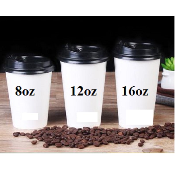 50 Cái Cốc Giấy 240Ml Đựng Chanh Nóng, Ly 8Oz Nắp Đen - Paper Cup Thu