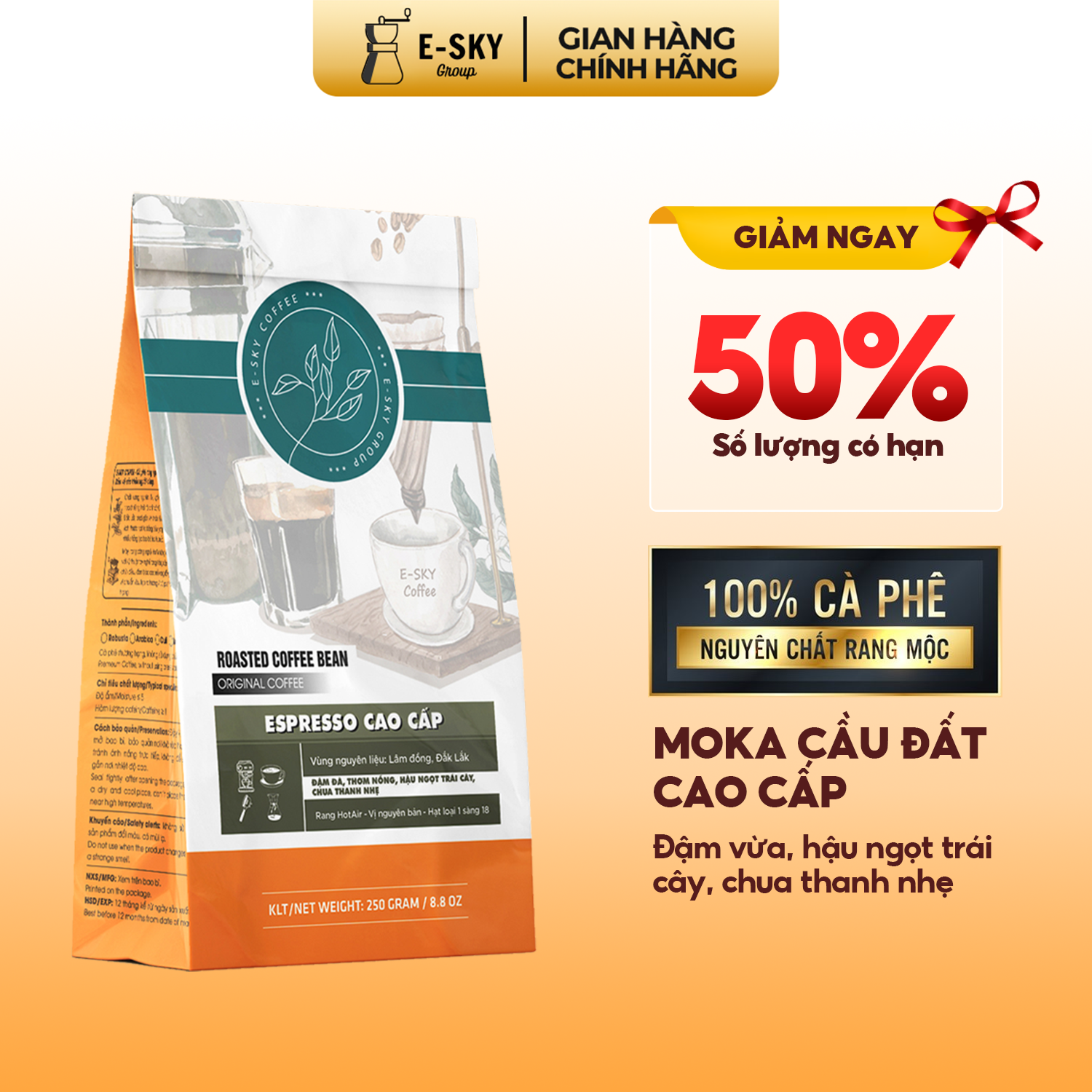 Cà Phê Rang Xay Nguyên Chất Espresso E-sky Coffee Cafe Pha Máy 250g-500g