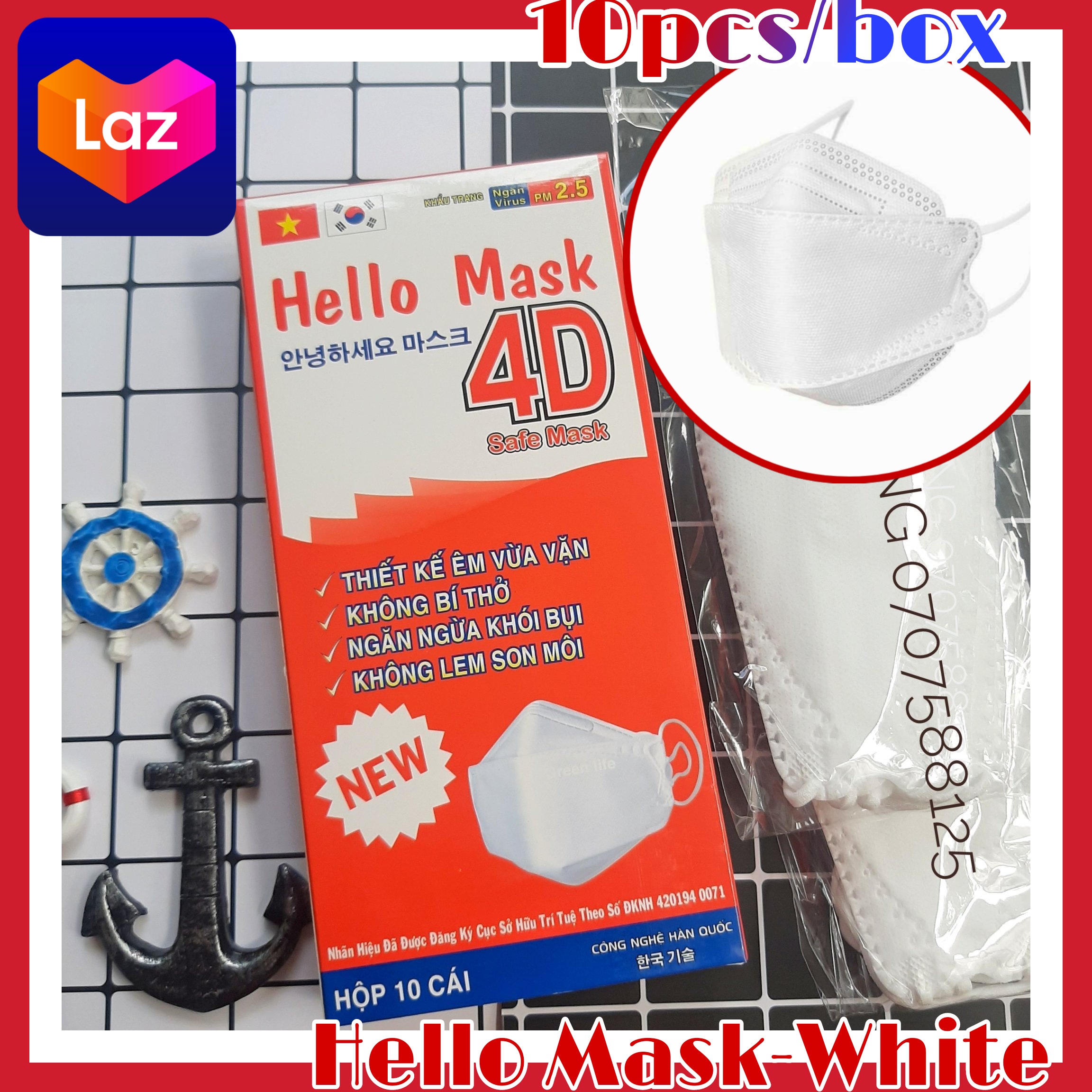|Màu trắng -1 hộp 10 cái| Hộp khẩu trang 4D Hello Mask đat chuẩn công nghệ Hàn Quốc kháng khuẩn, kháng nước