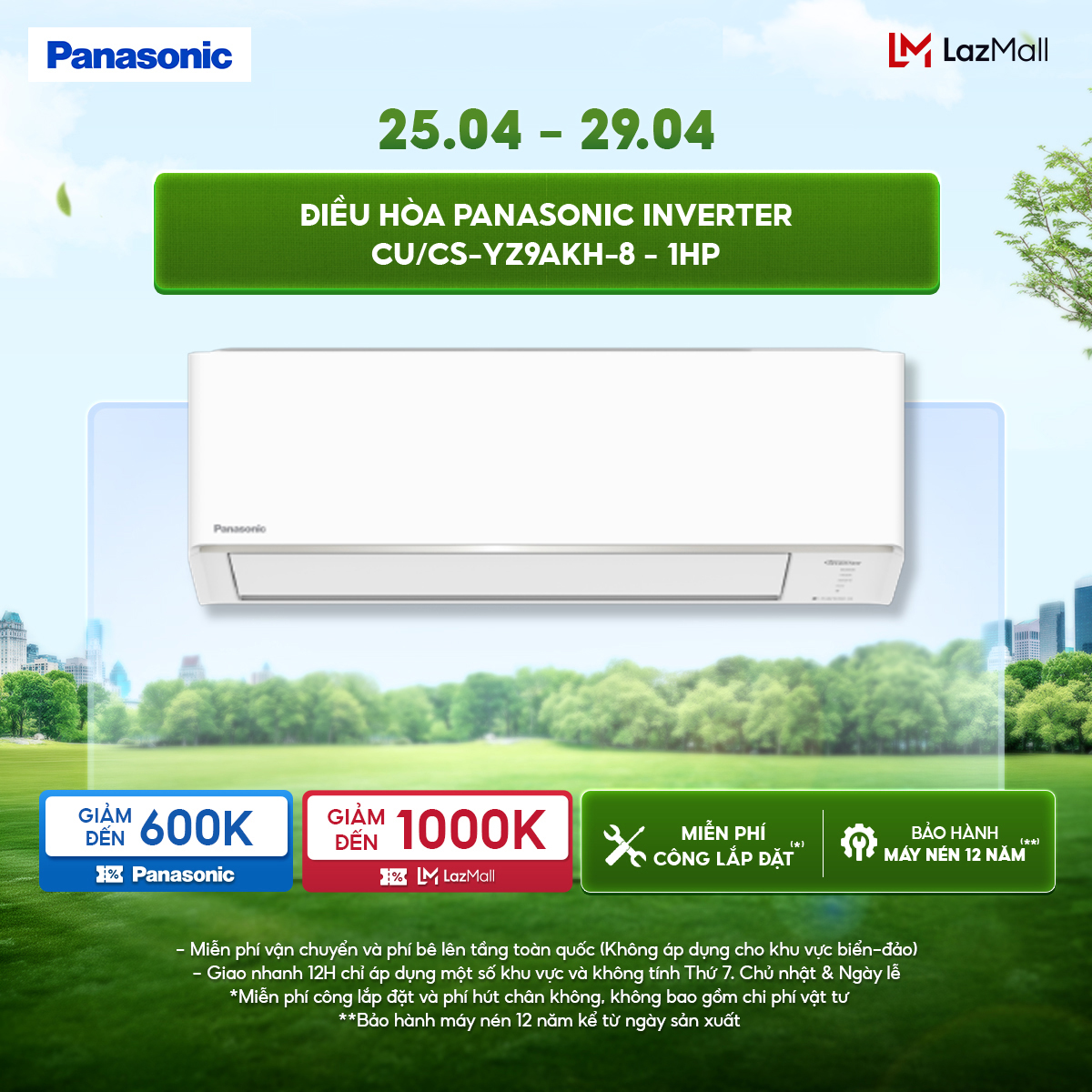 [CHỈ GIAO MIỀN BẮC] [Độc quyền Online]Điều hòa Panasonic Inverter CU/CS-YZ9AKH-8 - 1HP - Hai chiều - Eco AI - Lọc không khí bụi mịn tới 99%