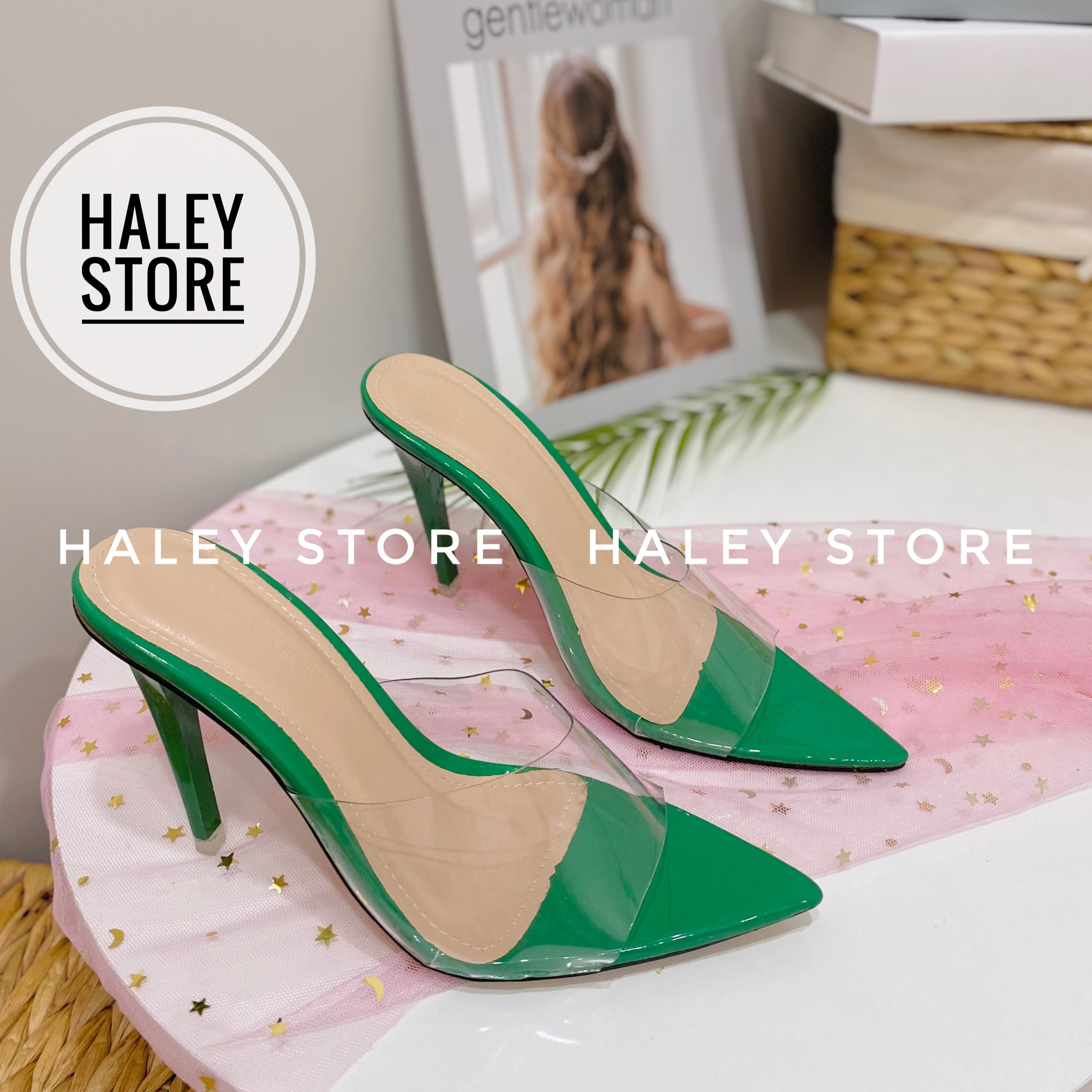 Giày Guốc nữ HALEY STORE quai ngang trong suốt mũi nhọn gót 9cm dễ phối đồ thời trang mới đi chơi đi tiệc đi làm