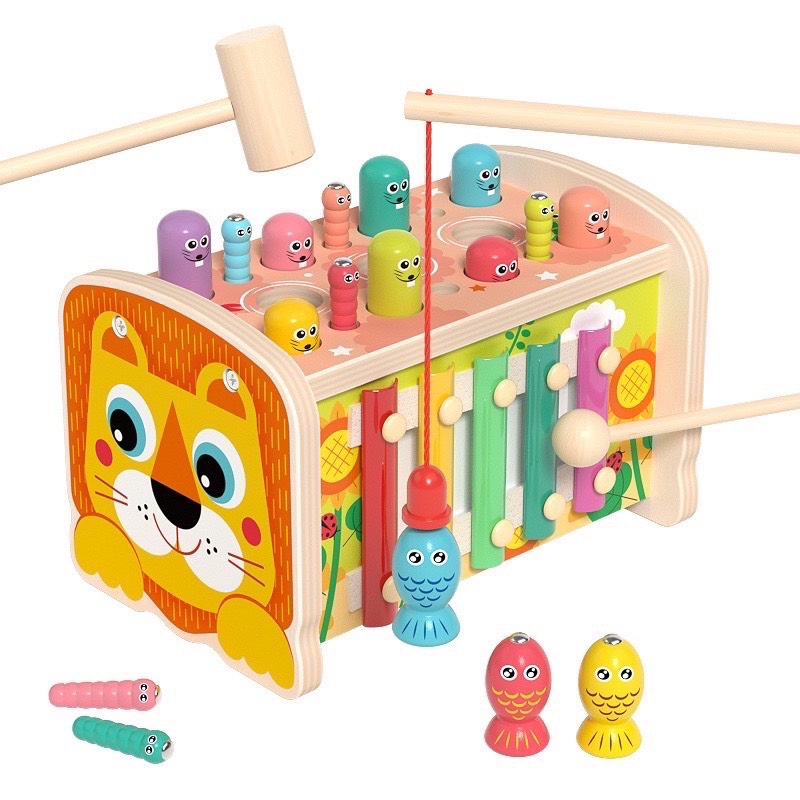 Đồ chơi đập chuột câu cá kèm đàn gỗ đa chức năng, đồ chơi đập chuột 5in1 rèn kĩ năng thể chất giáo dục cho bé