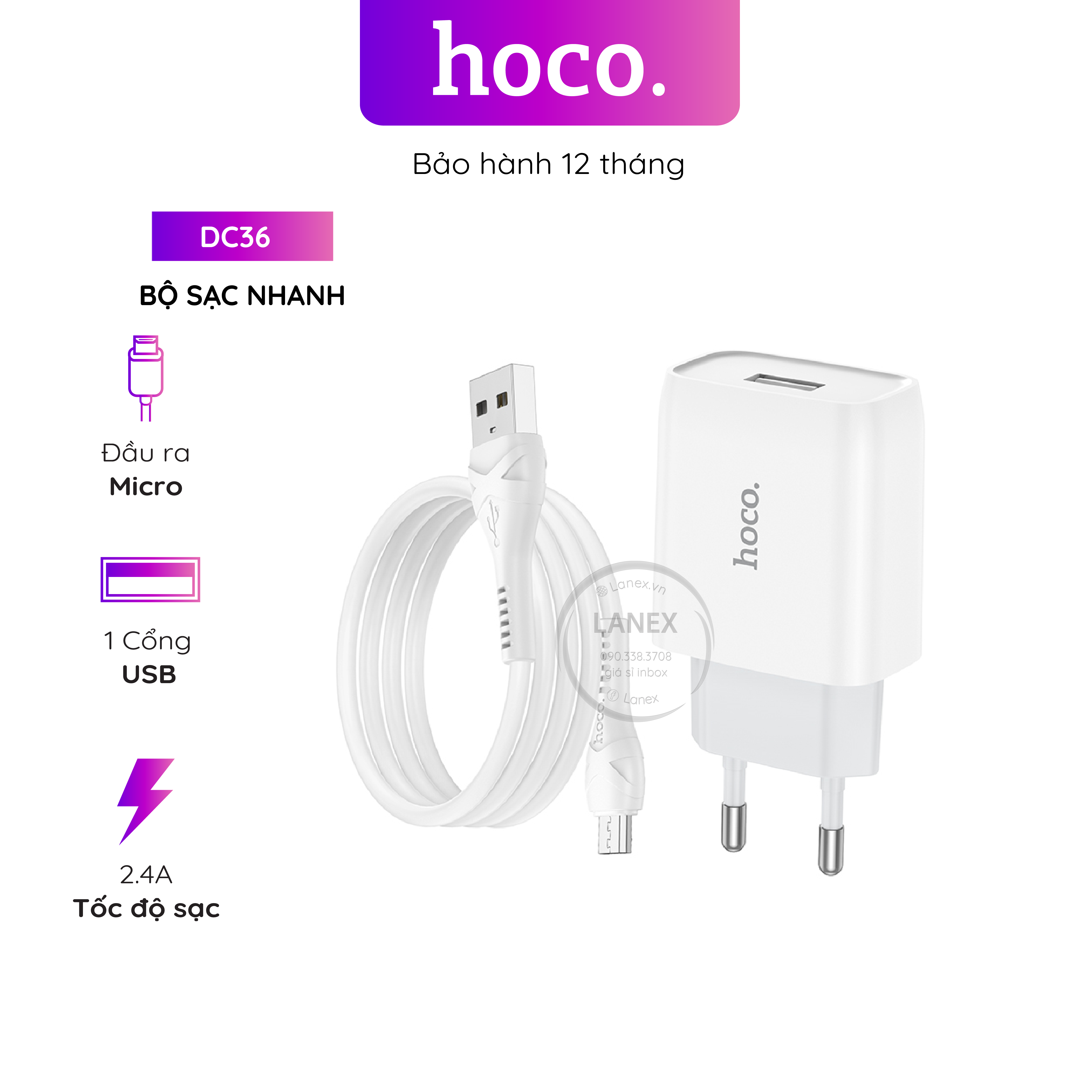 Bộ sạc nhanh hoco dc36 1 cổng usb micro 2.4a dài 1.0m