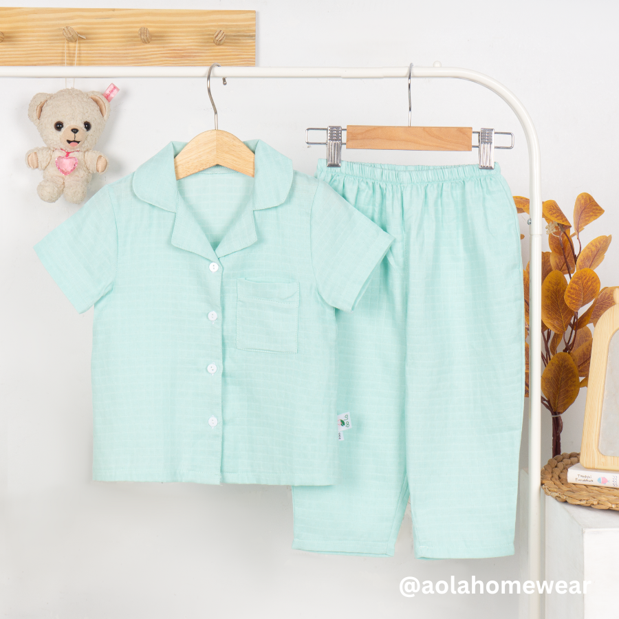 Pyjama bé trai bé gái tay ngắn quần dài vải xô tre Áo Lá Homewear XONT22, đồ bộ xô bé trai, pizama bé trai