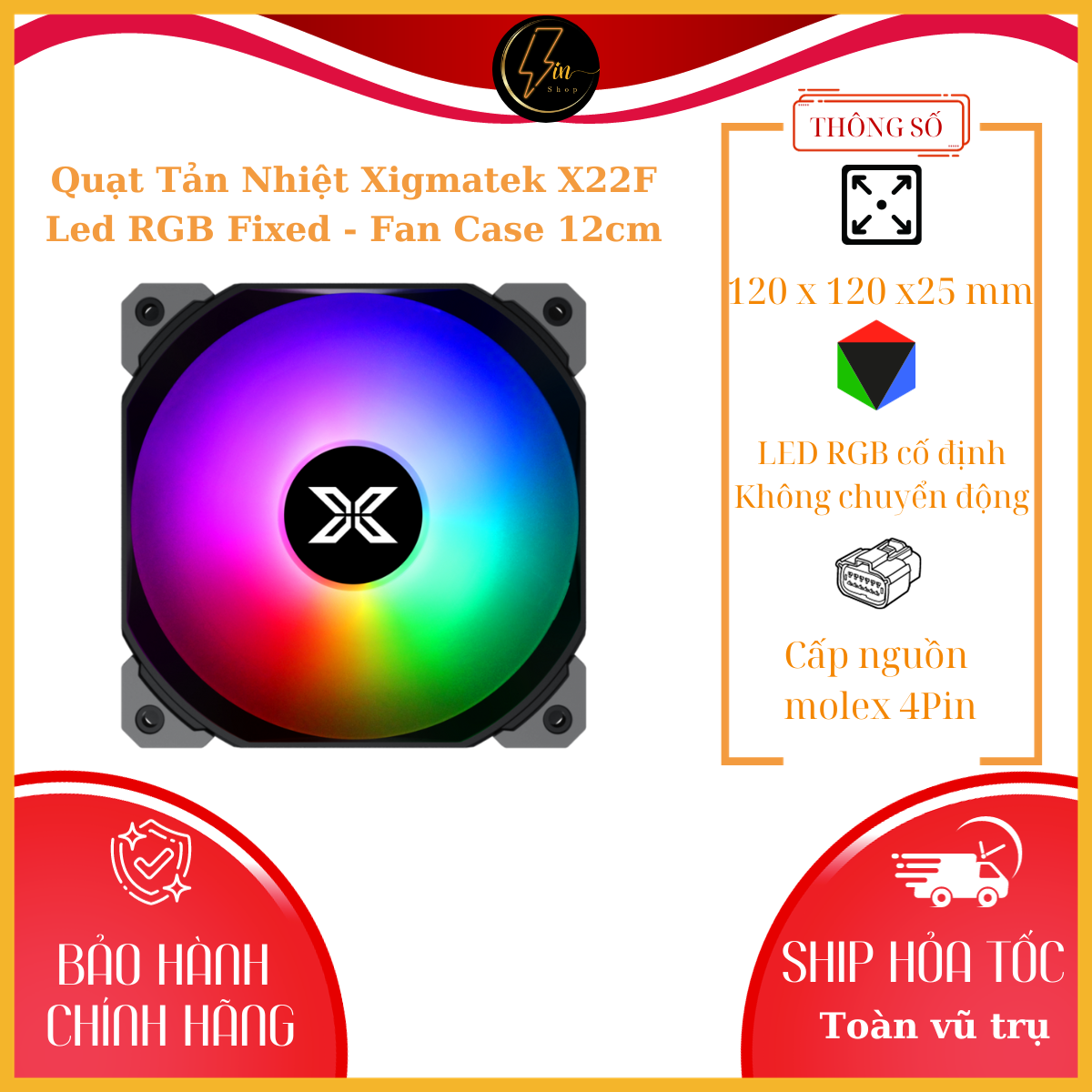 Quạt tản nhiệt xigmatek x22f led rgb fixed - fan case 12cm - chính hãng bảo hành 6 tháng