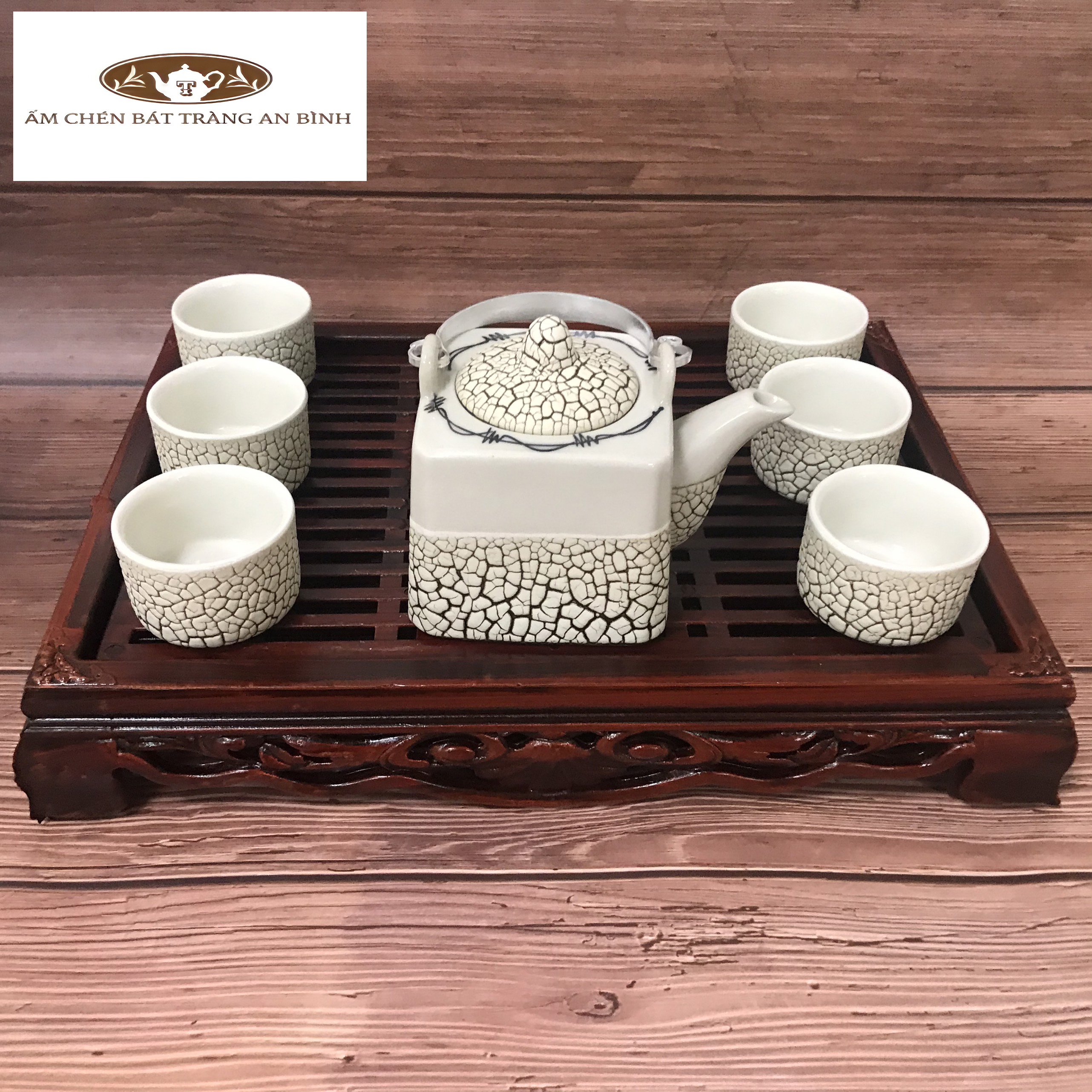 Bộ ấm chén kèm Khay Bát Tràng Men Rạn Vuông Trắng
