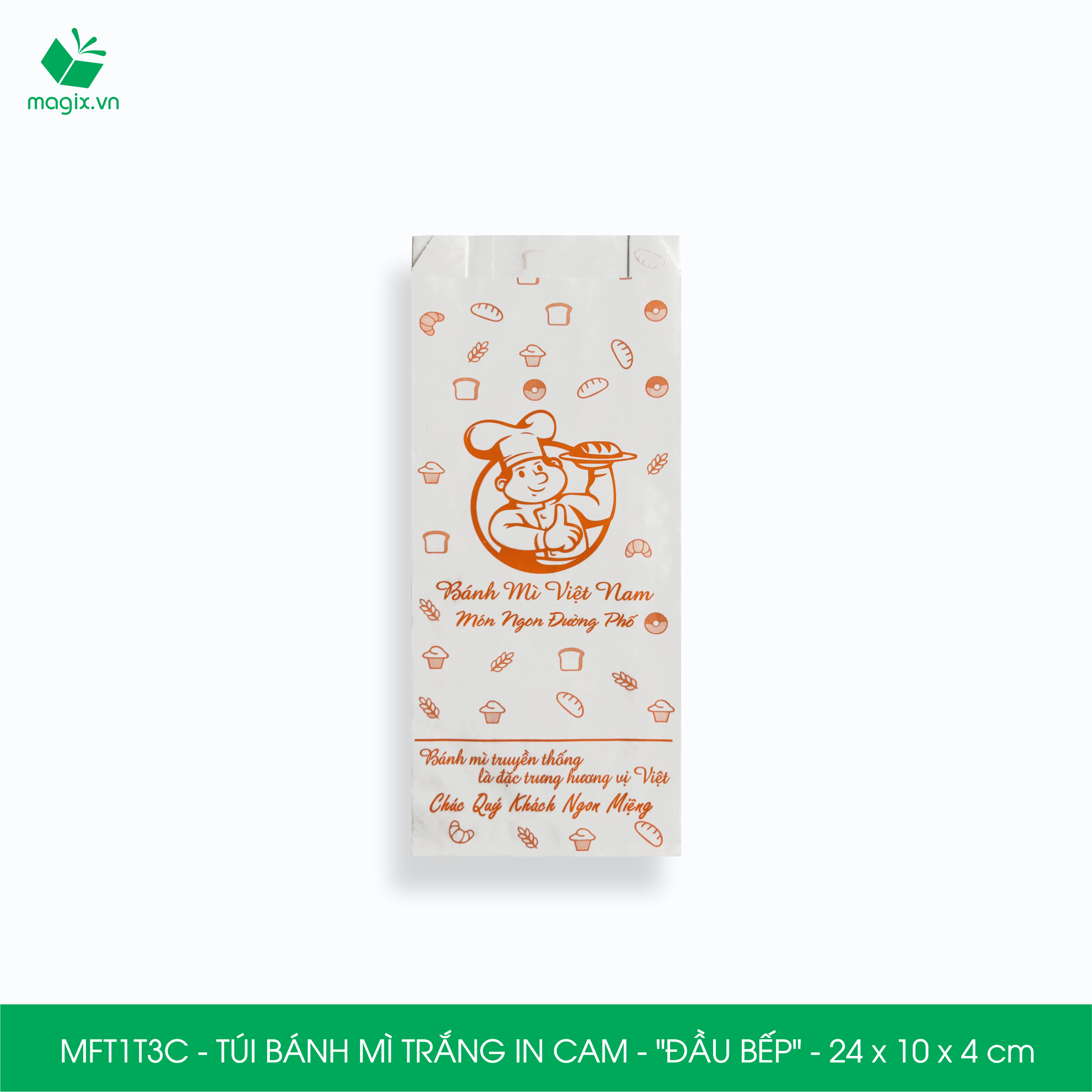 MFT1T3C - 24x10x4 cm - 100 Túi bánh mì Trắng, in sẵn họa tiết ĐẦU BẾP