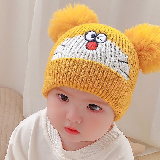 Mũ len, nón len hai quả bông hình chú mèo Doremon đáng yêu