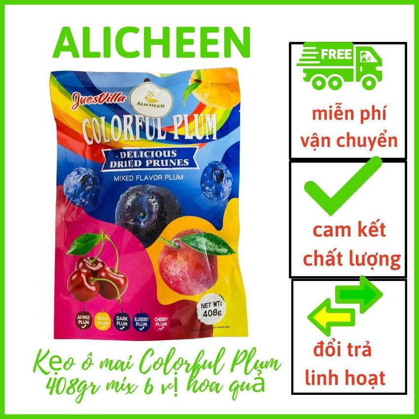 [FREESHIP+QUÀ] Kẹo Ô Mai Colorful Plum 408gr Mix 6 Vị Hoa Qủa ALICHEEN Chua Ngọt Giòn Thơm Nhiều Vị, Ăn Vui Miệng, Bày Bàn Trà Tiếp Khách, Tặng Qùa