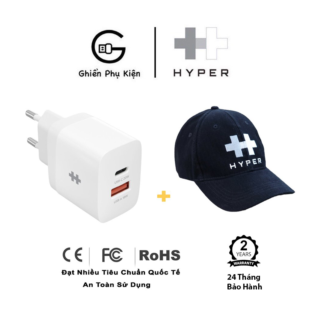 Củ sạc nhanh hyperjuice 20w hj205 2 cổng tặng kèm nón - hàng chính hãng