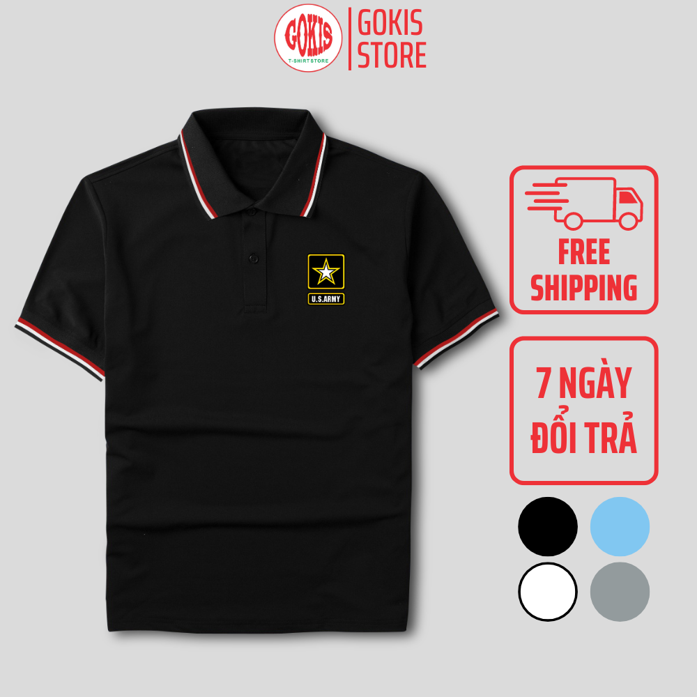 Áo polo in logo US ARMY vải cá sấu không xù lông không nhăn - Áo thun nam có cổ logo quân đội Mỹ Gokis shop