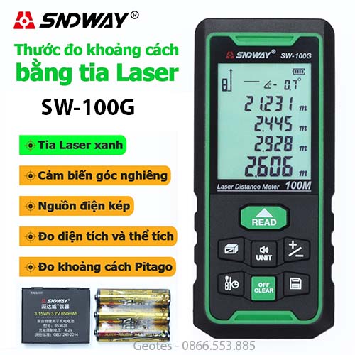 Thước đo khoảng cách laser sndway sw-100g tia xanh sử dụng được ngoài trời đo xa 100m