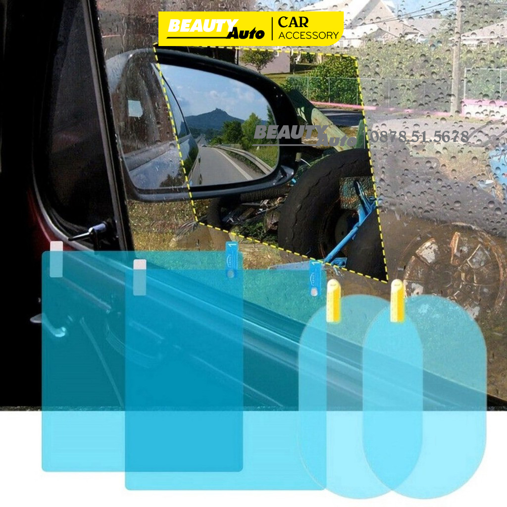 Bộ 4 miếng dán chống đọng nước, chống lóa, tăng độ sáng kính hông và gương chiếu hậu ô tô