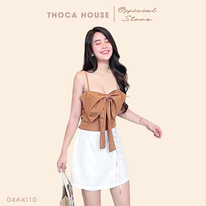 Áo hai dây croptop nơ nhún sau trắng, đen, bò, xanh THOCA HOUSE hiện đại, trẻ trung gợi cảm