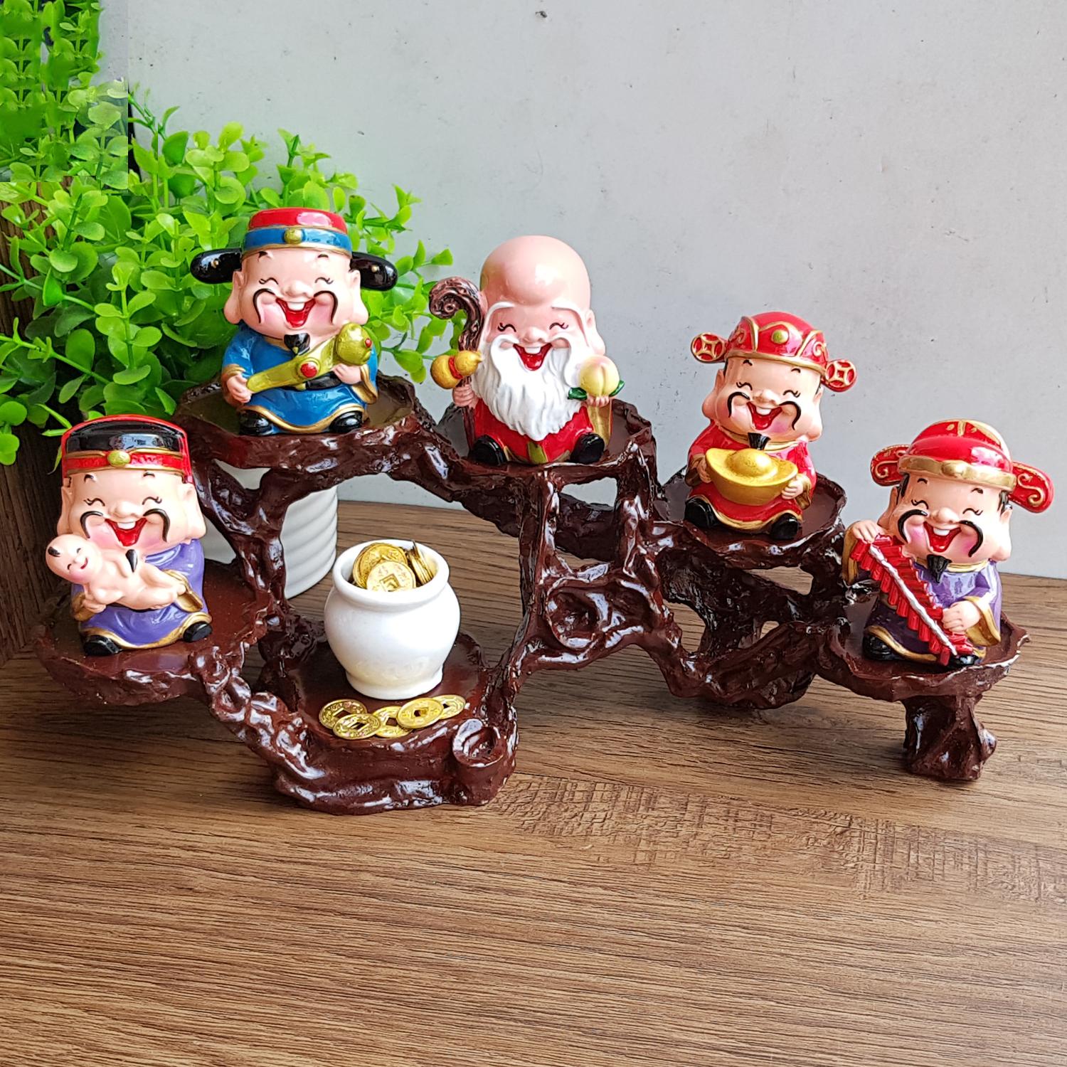 [HCM](Hàng cao cấp) Bộ 05 tượng Ngũ Phúc Lâm Môn 6cm + Chum vàng + đế ngang 6 ô