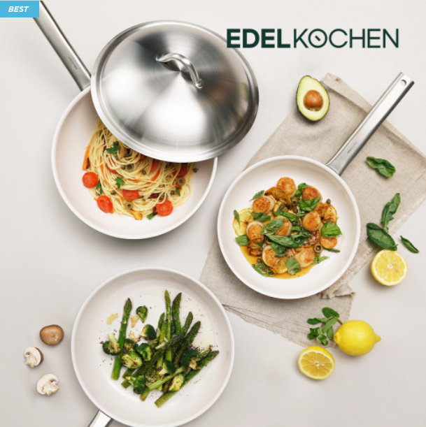 Chảo đáy sâu Edelkochen Prism 3 lớp chống dính màu Cream đáy từ size 28cm kèm nắp