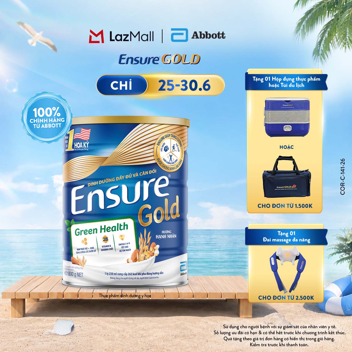[CHỈ 25-30.06 QUÀ TẶNG CHO ĐH 1500K/2500K-SLCH] Lon sữa bột Ensure Gold Green Health 800g