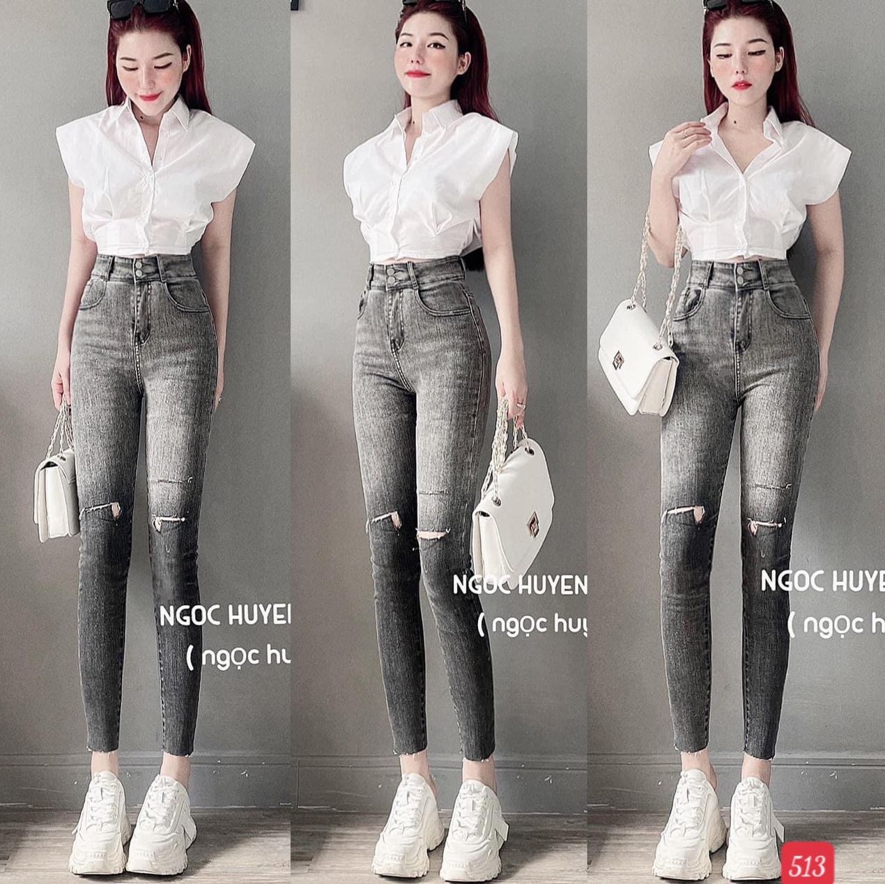 Quần jean nữ rách gối màu xám form ôm chuẩn dáng siêu đẹp (kèm hình thật), Quần jean nữ lưng cao chất bò cao cấp thời trang AlanaFashion - MQ640