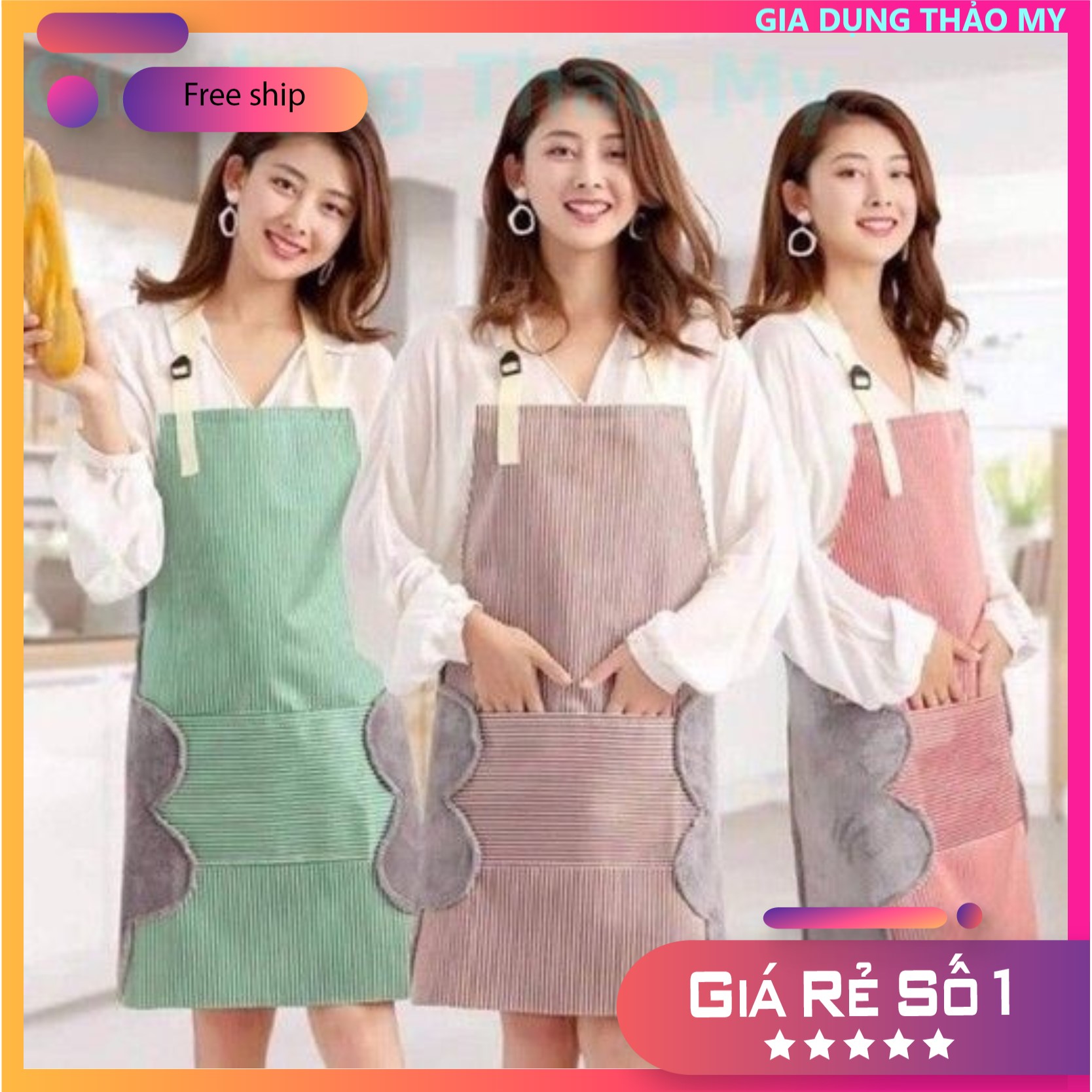 Tạp Dề Hoa Chống Thấm Nước Có Lau Tay - Tạp dề nấu ăn