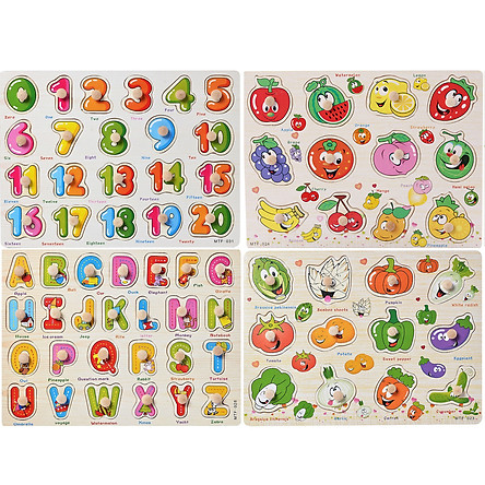 bảng ghép hình núm gỗ (Rau củ, Hoa quả, Chữ, Số)