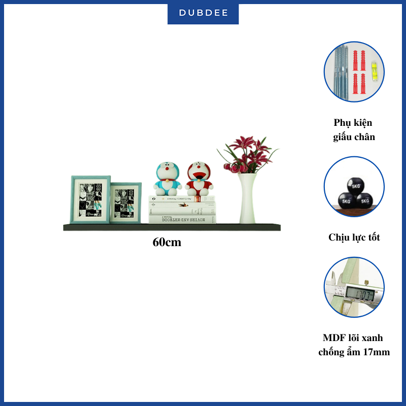 Kệ Thanh Ngang 60cm Rộng 15, 20cm TreoTường Dubdee Gỗ MDF Chống Ẩm Cao Cấp Phụ Kiện Giấu Chân (Dễ Lắp)