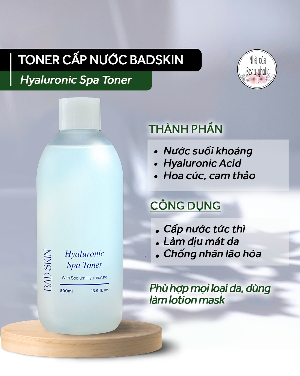 [HCM][Nhacuabeautyholic] Toner cấp nước BADSKIN HYALURONIC SPA TONER