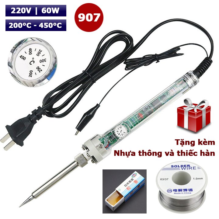 Mỏ hàn thiếc 60w có điều chỉnh nhiệt độ 907 tặng kèm thiếc hàn và nhựa thông