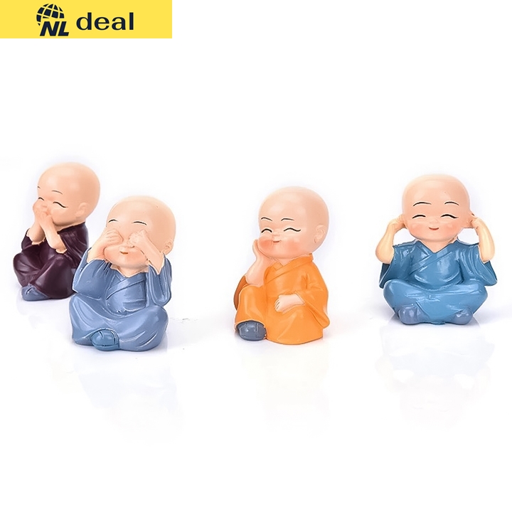 Nldeal bộ 4 tượng chú tiểu nhà sư tứ không không nghe không thấy không nói không làm điều xấu chất liệu thạch cao tráng bột đá