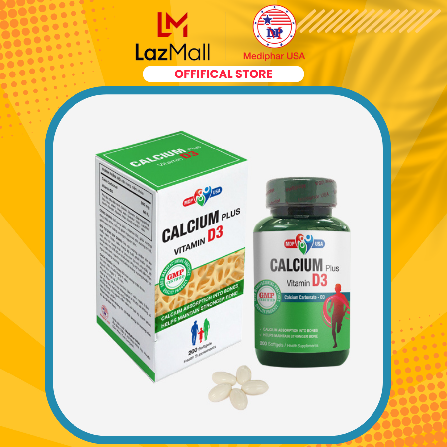 Thực phẩm CALCIUM PLUS VITAMIN D3 Softgels  bổ sung canxi và vitamin D3 - Lọ 200 viên - CHÍNH HÃNG 100% MEDIPHAR USA