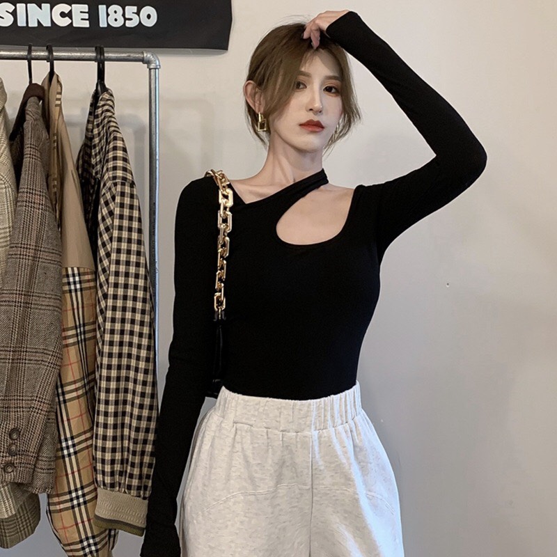 Áo lệch vai tay dài thời trang trẻ, Áo thun nữ dài tay trễ vai lệch vai basic