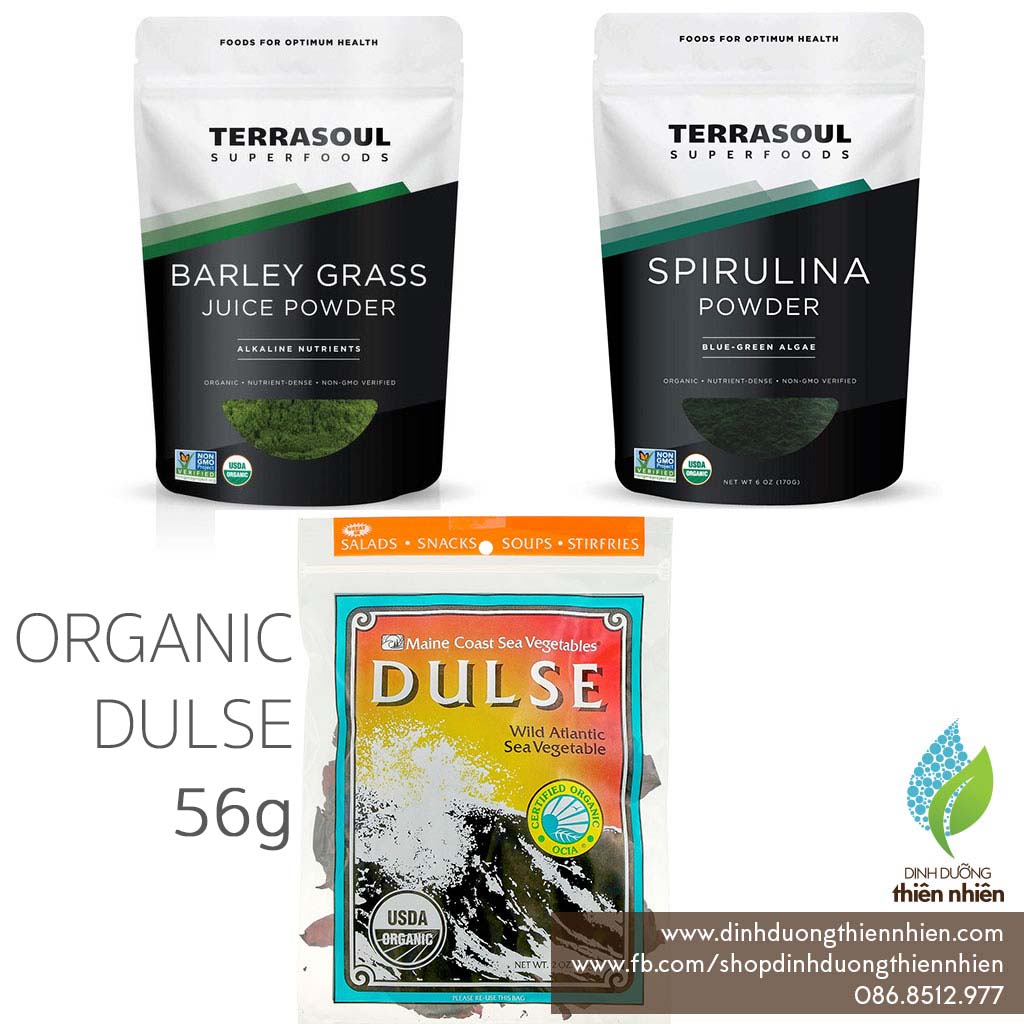 Combo 3 món: tảo biển dulse 56g, bột tảo spirulina hữu cơ, bột nước ép cỏ lúa mạch hữu cơ terrasoul