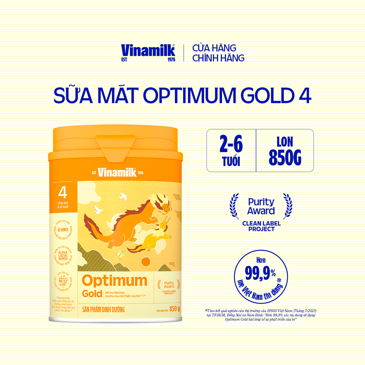 Sữa bột Vinamilk Optimum Gold 4-Hộp thiếc 850g (cho trẻ từ 2- 6 tuổi) - Sữa công thức giúp Tăng cân, chiều cao, tiêu hóa, phát triển não bộ