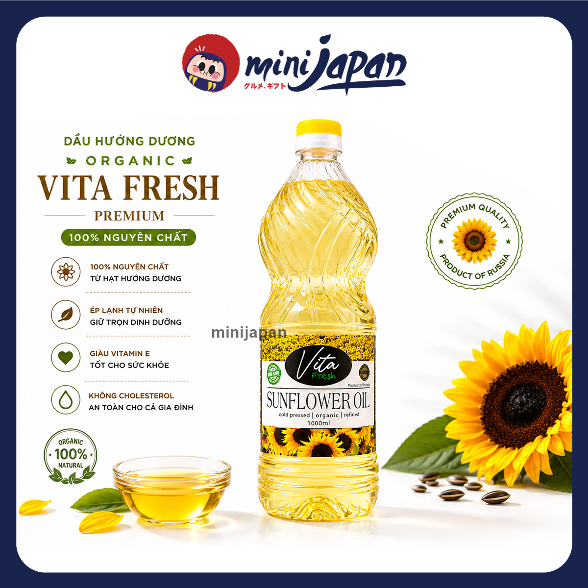 Dầu Hướng Dương Organic Vita Fresh Nga 1L - Tinh Khiết Từ Thiên Nhiên, Trọn Vẹn Bữa Ăn Ngon