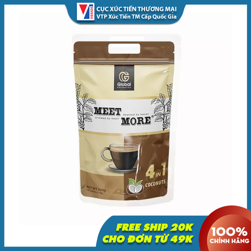 Cà phê sữa dừa hòa tan 4 trong 1 cà phê trái cây meet more từ 100% hạt cà phê việt nam, hương vị đậm đà hoàn toàn tự nhiên tăng cường sức khỏe, làm đẹp da, hỗ trợ giảm cân hiệu quả - bịch 50 góix18g