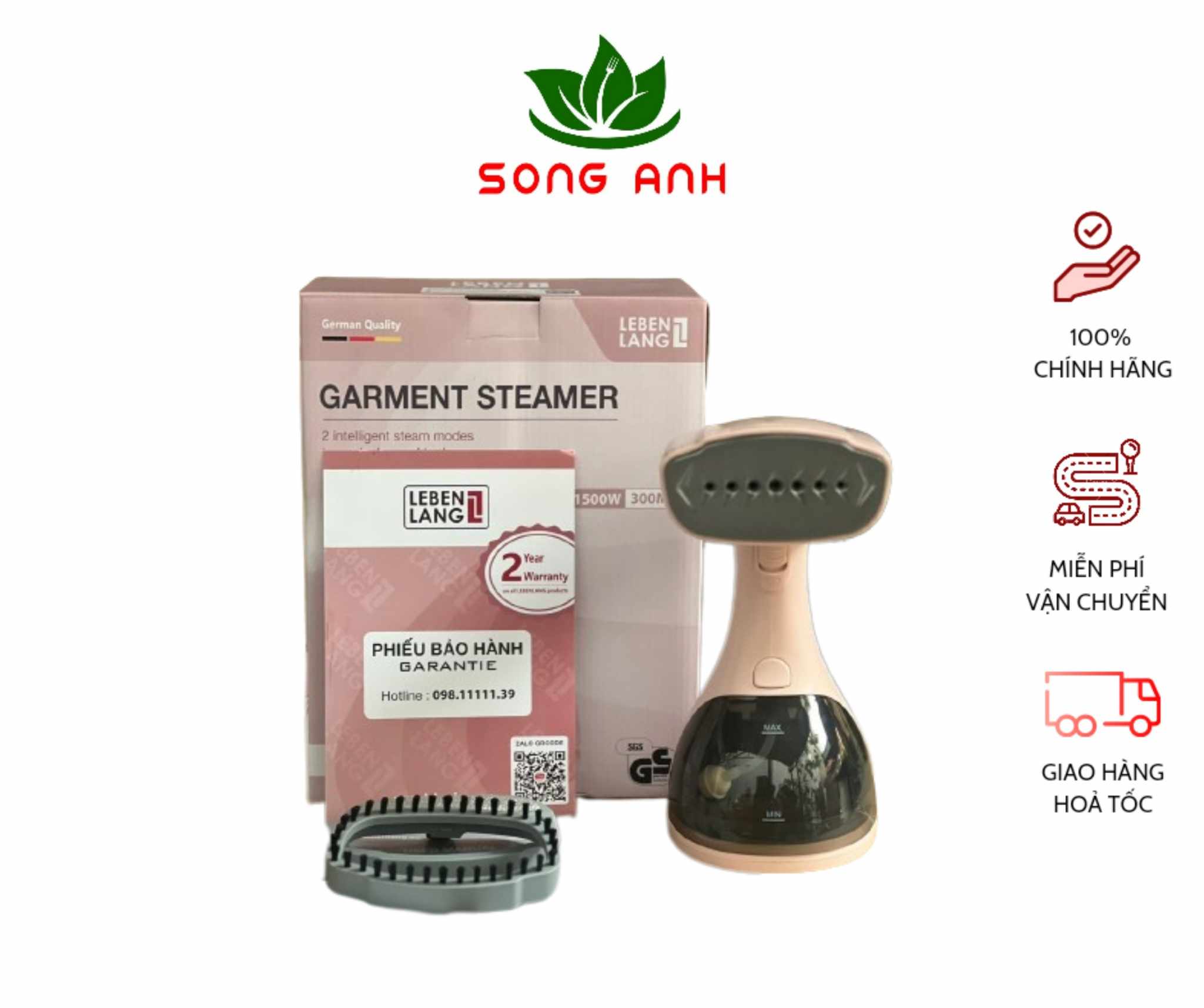 Bàn là hơi nước cầm tay Lebenlang LBD528 thương hiệu Đức công suất 1500W dung tích bình chứa 300ml, BH 24 tháng