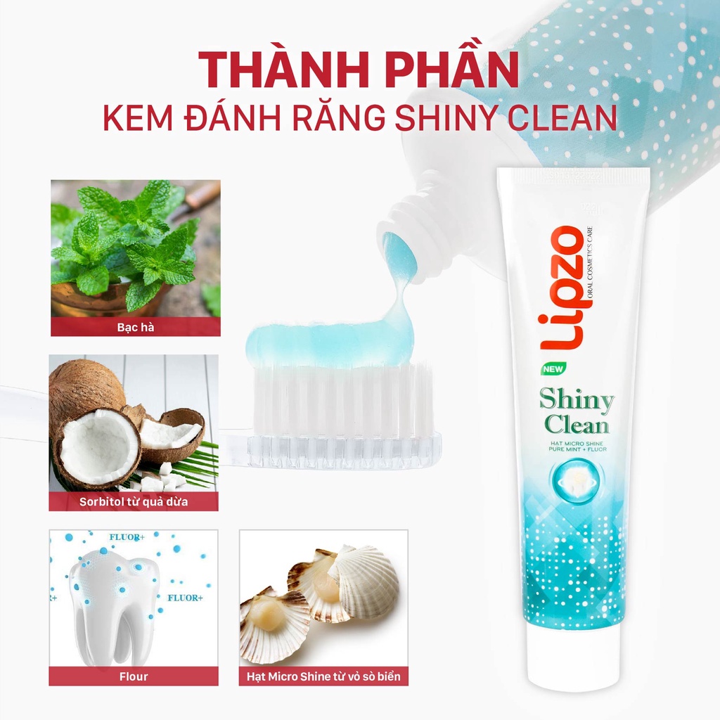 Kem đánh răng lipzo shiny clean vị the mát diệt khuẩn 185g khử mùi, không bào mòn men răng từ khoáng chất vỏ sò