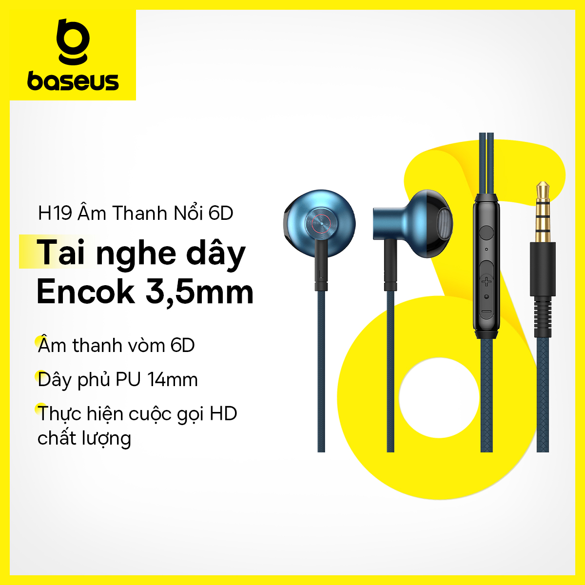 Tai nghe có dây Baseus H19 Tai nghe nhét tai âm thanh nổi 6D Tai nghe nhét tai 3,5 mm có micrô cho điện thoại di động Xiaomi Samsung