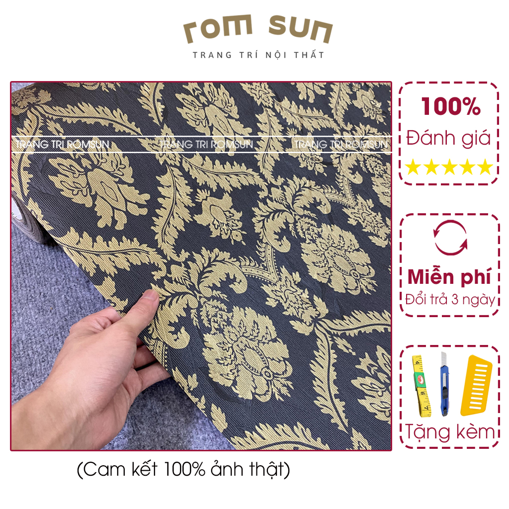 Giấy dán tường phòng ngủ khổ 60cm 1m2 hoa văn 3D, Decal miếng dán tường trang trí nhà cửa vàng đen vintage G13915