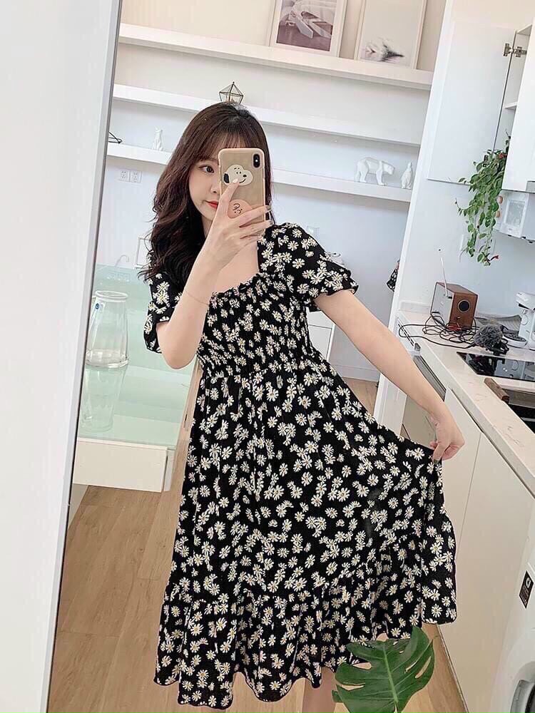 [HCM]Đầm xòe vintage cổ bè tay lỡ phồng Cổ vuông vải voan hoa  mềm mịn phù hợp với mọi lứa tuổi mọi vóc dáng dễ phối trang phục MTB