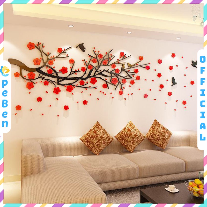Tranh mica EPeBen dán tường nổi 3d hình tranh cây đào ngang decor Trang Trí Tết 2025