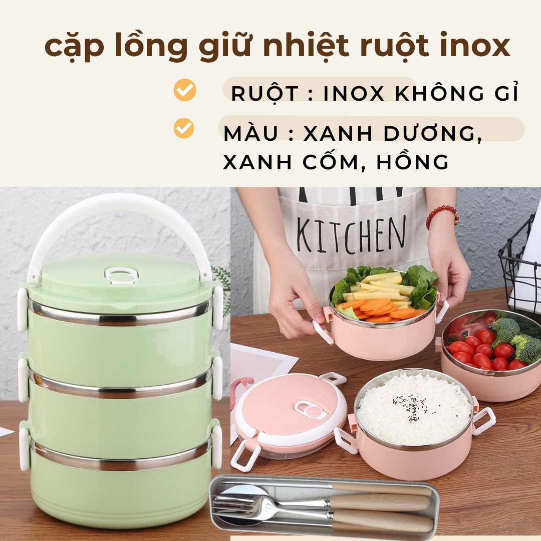 Cặp lồng giữ nhiệt 4 tầng lúa mạch ruột inox, hộp cơm giữ nhiệt cao cấp