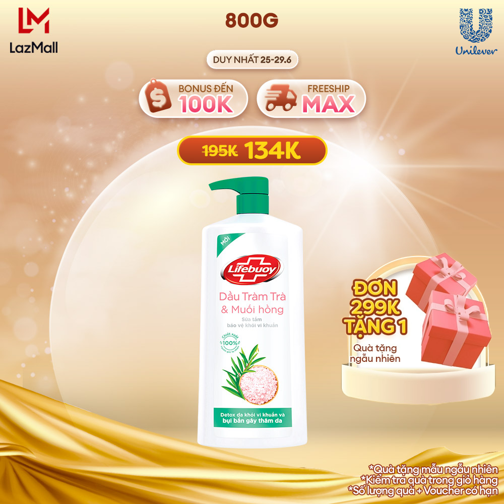 Sữa tắm detox bụi mịn Lifebuoy Dầu Tràm trà và Muối hồng 800G hiết xuất từ thiên nhiên ngừa mùi cơ thể và sạch sâu khỏi bụi mịn (Chai)
