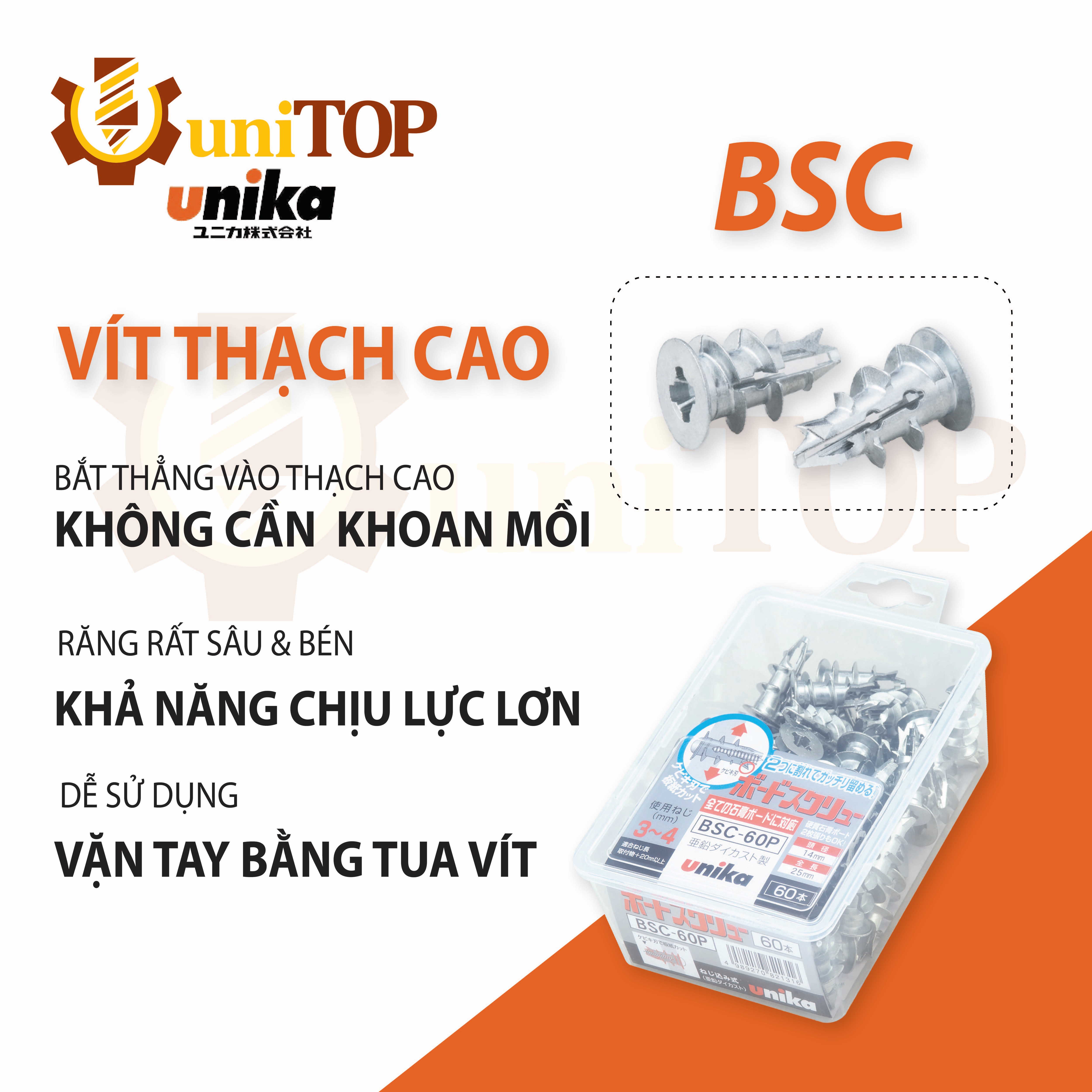 Vít thạch cao 100% Unika Nhật Bản đúc kẽm, bắt trực tiếp vào tường thạch cao bằng tua vít, đa năng, dễ sử dụng, chịu lực tốt, túi 25 con vít thạch cao
