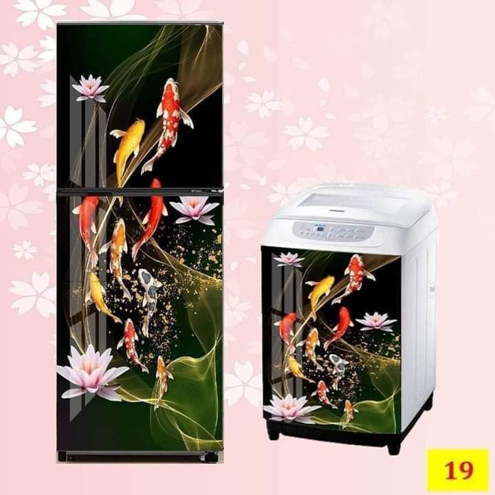 Miếng dán tủ lạnh cao cấp ,Mẫu cá Koi,tráng bóng chống thấm nước