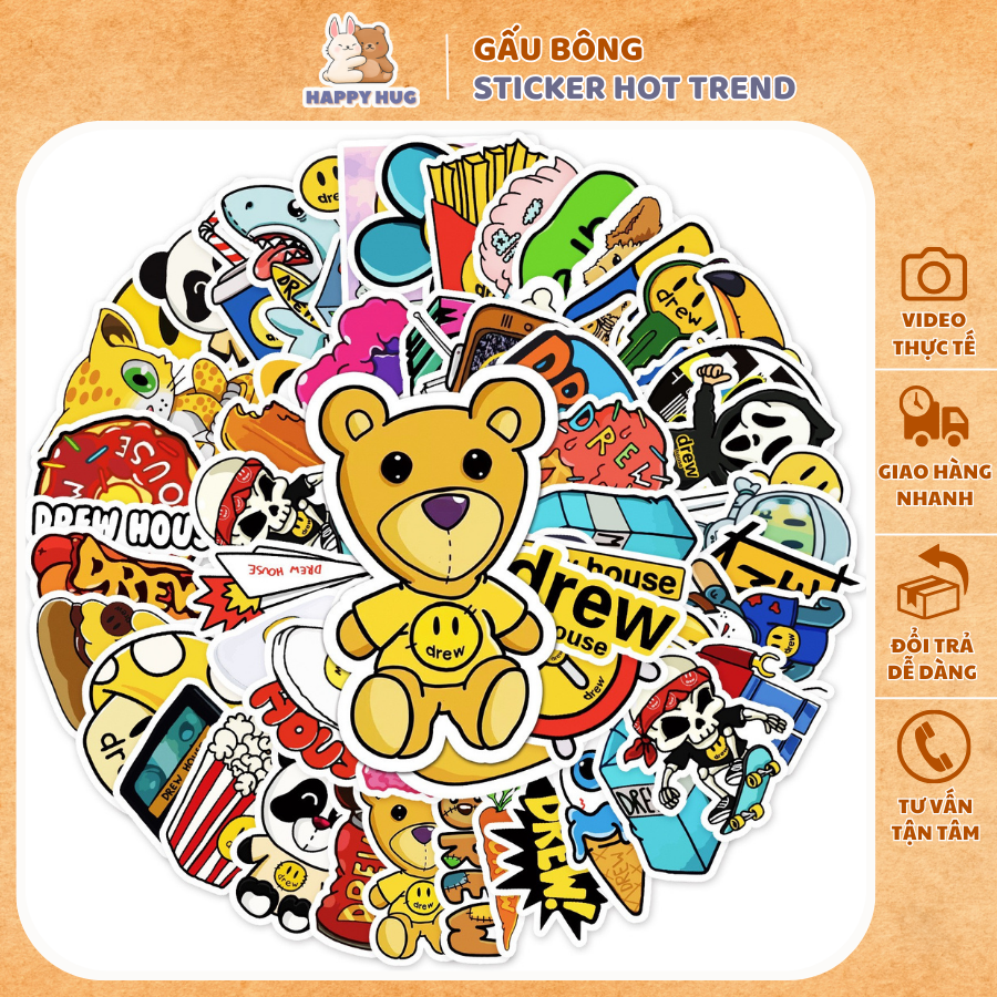 Sticker cute set 54 tấm drew, dán mũ bảo hiểm, trang trí sổ, dán xe, laptop giá rẻ, chống thấm nước - happy hug