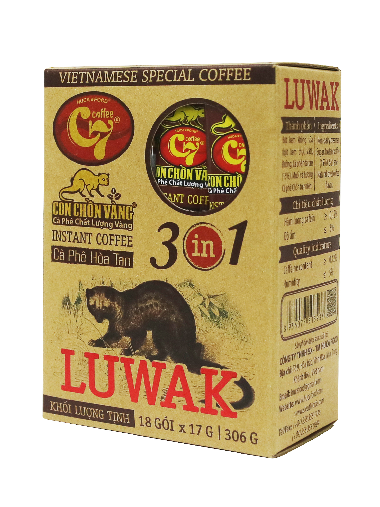 Cà Phê Hòa Tan 3in1 Luwak Hộp Bóng Kính - Con Chồn Vàng C7 - 18Gói x 17Gr