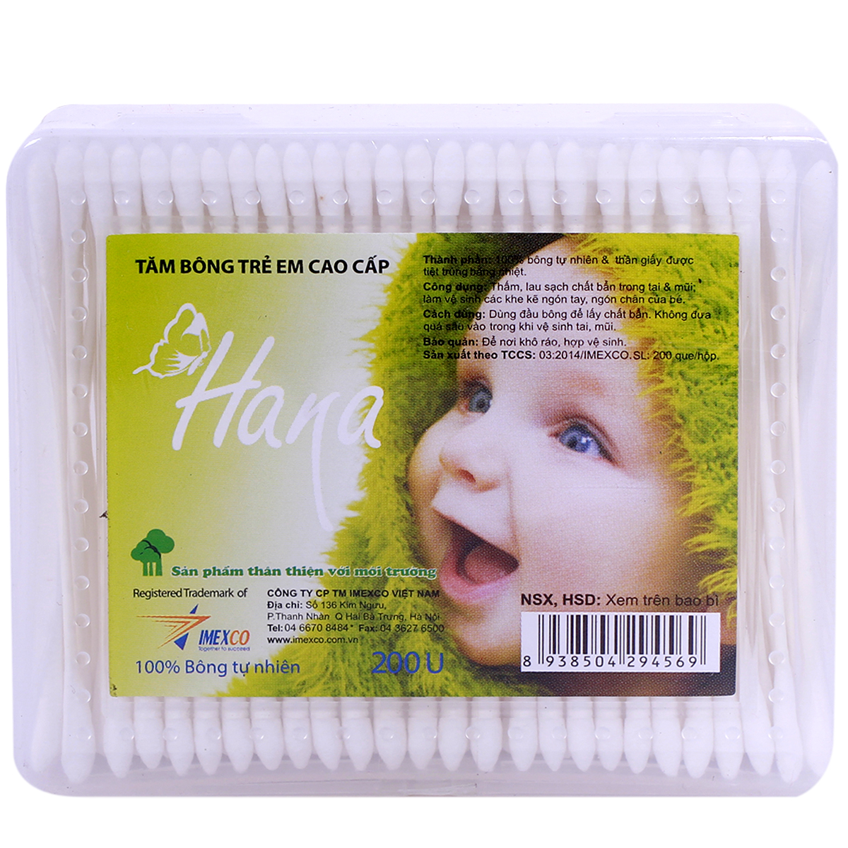 COMBO 5 HỘP TĂM BÔNG HANA TRẺ EM THÂN GIẤY HỘP 200 CÂY